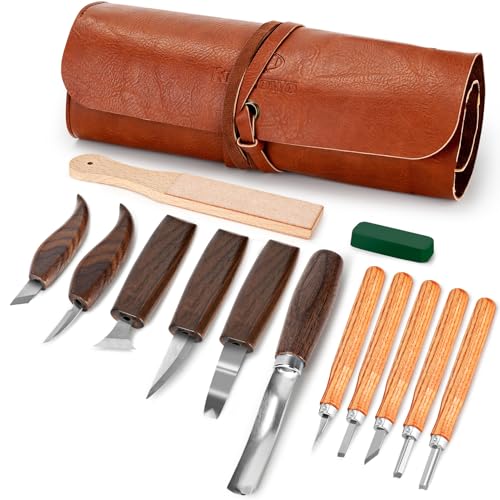 Holzschnitzwerkzeuge, 15-teiliges Holzschnitzset mit PU-Aufbewahrungstasche, Holzschnitzset mit 6 Schnitzmessern und 5 Detail-Schnitzmessern für Erwachsene, Holzschnitz-DIY，kürbis schnitzset