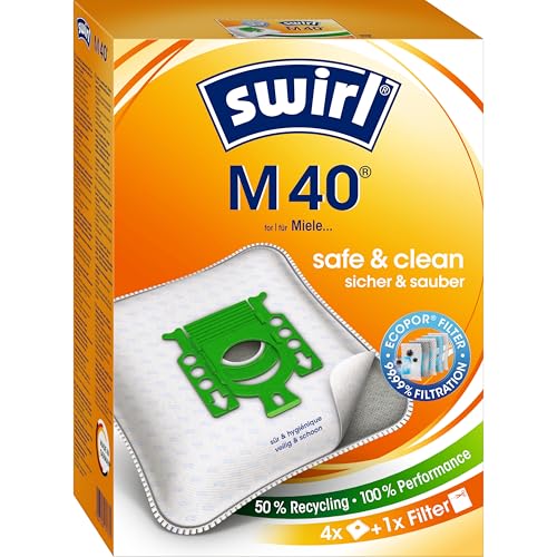 Swirl M 40 EcoPor Staubsaugerbeutel (4 Beutel), reißfeste Staubbeutel für einige Miele & Hoover Staubsauger, 99,9% Filterung von Hausstaub & allergenem Feinstaub