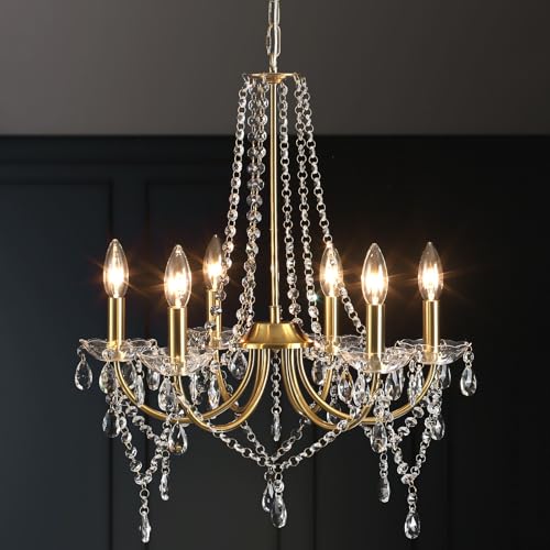 Gold Kristall Kronleuchter Modern, 6 Flammig Vintage Kristall Lampe Deckenleuchte Kronleuchter Wohnzimmer Hängeleuchte E14, Goldene Hängelampe Metall Pendelleuchte für Schlafzimmer Küche Esszimmer