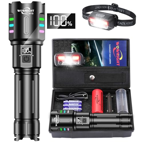 WOWNIGHT Taschenlampe Led Aufladbar, Led Taschenlampe Extrem Hell 500000 lumen, Taktische Taschenlampe Batteriebetrieben Mit Holster, 5 Modi, Stufenlose Dimmung, für Outdoor Notfälle Camping