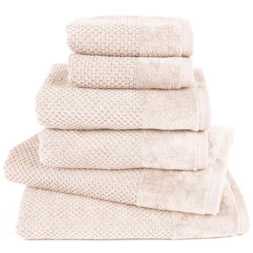 Pure Label 6-TLG. Handtücher Set mit Aufhängeschlaufen aus 100% Baumwolle, saugstark und weich - 2X Badetuch (70x140 cm) 2X Handtuch (50x100cm) 2X Gästetuch (30x50 cm), Creme