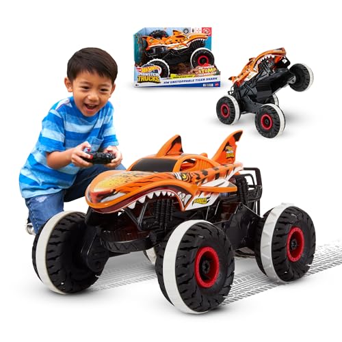 Hot Wheels Monster Trucks Ferngesteuertes Auto Tiger Shark, mit 'Terrain Stomp' Technologie für tierähnliche Bewegungen, Wheelie Modus für Drehen auf 2 Rädern, Spielzeug ab 4 Jahre, HGV87