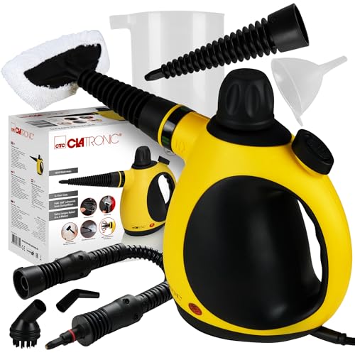 Clatronic DR 3653 Dampfreiniger, reinigt, entfettet und desinfiziert ohne Kalkrückstände und Putzstreifen, Wassertank: ca. 250 ml, 3,5 bar max. Dampfdruck, schwarz-gelb