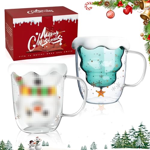 2er Set Weihnachtstasse, Doppelwandige Kaffeegläser, Weihnachtsgläser in Schneemann & Tannenbaum Form, lustige Weihnachtsgeschenke für Frauen, Kinder, Männer, für heiße und kalte Getränke, 300 ml