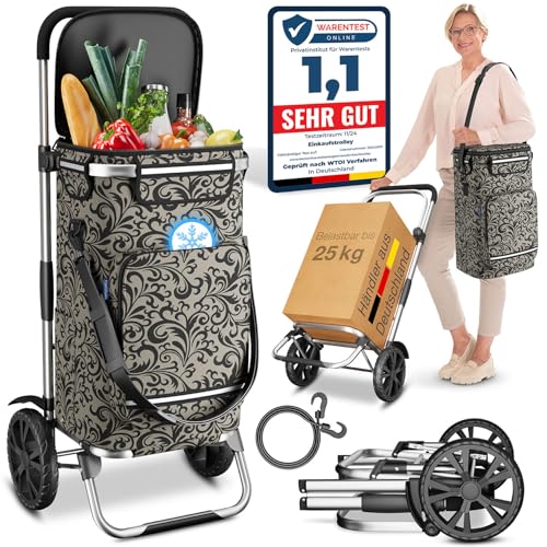 ELONEO Einkaufstrolley klappbar, Einkaufswagen mit Kühlfach, 3in1 Trolley, Sackkarre & Umhängetasche, Einkaufsrollwagen, Shopping Trolley 43L Kapazität & Spanngurt, Hackenporsche Taupe