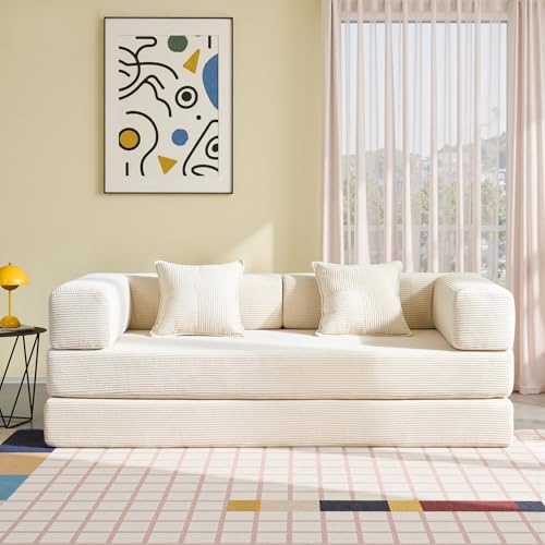 YINIX Faltbares Schlafsofa 200cm Breite XXL Bett, Modulares Bodensofa, Cord Wolkensofa mit Metallrahmen, 3 Sitzer Gästebett Klappbar, rutschfest, Waschbar (Creme, 200cm (3-Sitzer))
