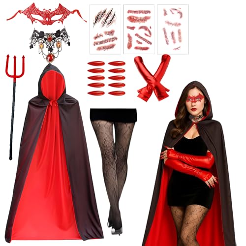 AXERHK Vampir Kostüm Damen, Halloween Kostüm Damen, 19 Stück Karneval Kostüm Damen mit Umhang und Zubehör für Cosplay und Themenpartys, Fasching, Halloween und Dschungel Partys(155CM/175CM)
