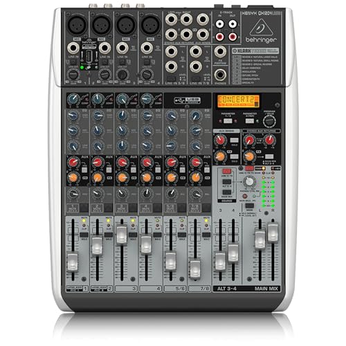 Behringer XENYX QX1204USB Premium 2/2-Bus-Mixer mit 12 Eingängen, XENYX-Mikrofonvorverstärkern und -Kompressoren, Klark Teknik Multi-FX-Prozessor, Wireless-Option und USB/Audio-Schnittstelle