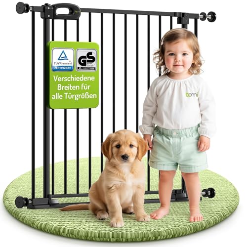 Bomi Treppenschutzgitter Merle Flatstep, Breite 63-71 cm | Türschutzgitter ohne Bohren, stabile Kindersicherung für Kind & Hund, TÜV geprüftes Hundegitter, Türgitter, Treppengitter, Metall Schwarz