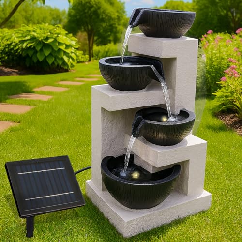 Solar Gartenbrunnen Brunnen Solarbrunnen Zierbrunnen Wasserfall Gartenleuchte Teichpumpe Basalt-Kaskade für Terrasse, Balkon, mit Li-Ion-Akku & LED Licht (27 x 24 x 50,5 cm, 1, Stück)