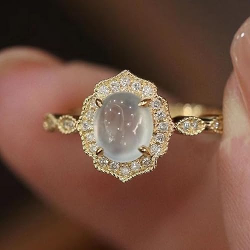 GSZCCZS 14k Gold Blumener romantischer Mondstein offener Ring mit Eiereis Ring natürlicher Mondstein Opal Einstellbarer Ring mit echten Diamanten für Frauen