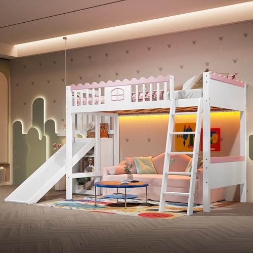 Lcoho Hochbett, Einzelbett, Kinderbett (Ohne Matratze), mit LED-Leuchten, mit Regalen, mit Rutsche, EN747 Zertifiziert, Kiefernholz, 90x200cm, Weiß