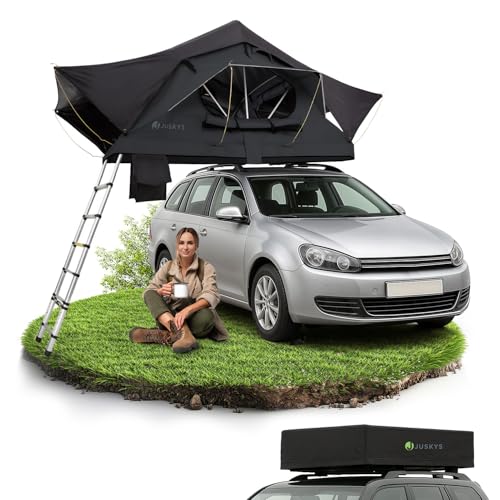 Juskys Autodachzelt Lago 120 x 210 cm - UV-Schutz & Wasserdicht - Matratze & LED-Beleuchtung - Camping & Outdoor - Teleskopleiter - Schwarz