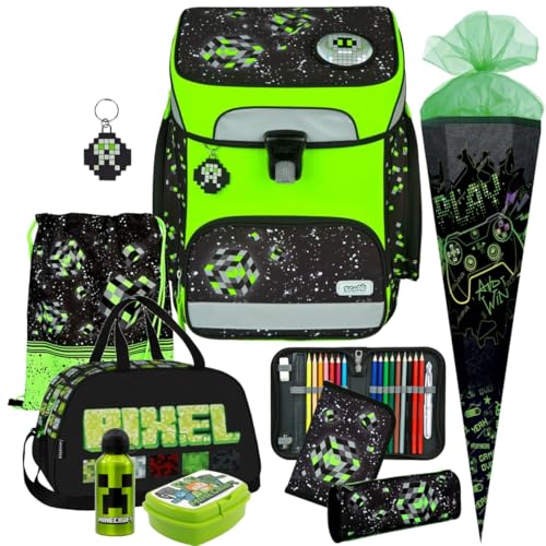 Pridera Scooli Schulranzen Jungen 1.Klasse EasyFit (9tlg. Set passend dazu Sporttasche Brotdose Trinkflasche Schultüte N, Space Robot - Pixel - Glow Edition)