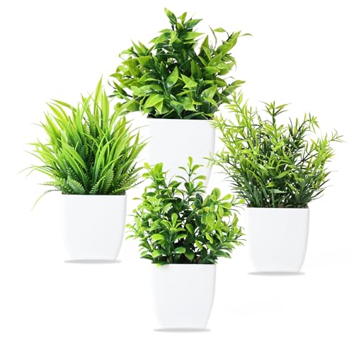 KZQXXT 4 Stück Kunstpflanze mit Topf, Klein Künstlich Plastik Pflanze Deko, Deko Pflanzen Kunststoff Gefälschte Pflanzen, kunstpflanze für Schreibtisch, Wohnzimmer, Büro und Badezimmer Deko