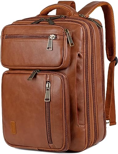 Umwandelbar Herren Faux Leder Laptop Rucksack Aktentasche Hybrid 15.6 Zoll Laptop Tasche Arbeitstasche Handtasche Reise Rucksack Wandern College Rucksack für Männer BC-04 (Braun)