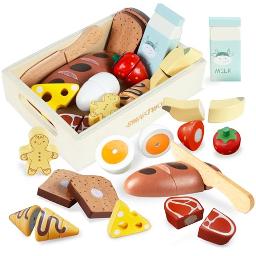Smartwo Kinderküche Zubehör Holz Lebensmittel zum Schneiden, Spielküche Zubehör Frühstück Set, Küchenzubehör für Rollenspiele, Holzspielzeug Küche 12PCS, Geschenk für Mädchen Jungen ab 2 Jahre
