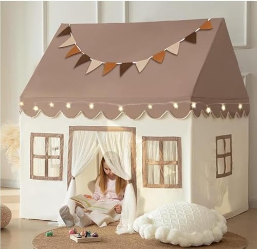 Kinderzelt mit gepolsterter Matte, LED-Lichtern und Dekoration, Kinderzelt, Spielhaus für Kinder, Innenbettzelt für Kleinkinder, Spielzimmermöbel in neutralen Farben(Batterie Nicht enthalten)