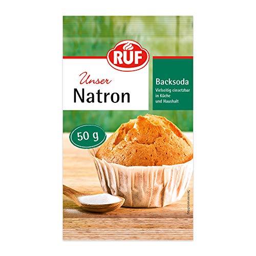 RUF Natron, Back-Soda, Alleskönner als Backtriebmittel, zum Binden von Säure, zum Entkalken und zur Verwendung in Haushalt, Kosmetik und Bad, 1x50g