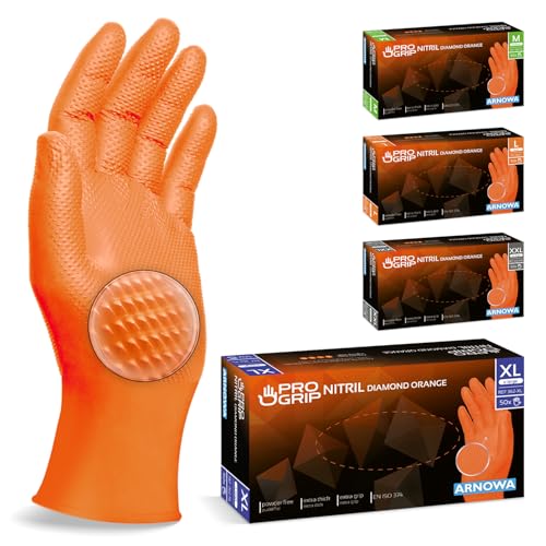 PROGRIP Einweghandschuhe Diamant Grip, Orange, Einmalhandschuhe Extra Stark, Nitrilhandschuhe Gr. XL, 2x dicker, Handschuhe Einweg, Arbeitshandschuhe für Werkstatt & Montage, 50 Stk/Box