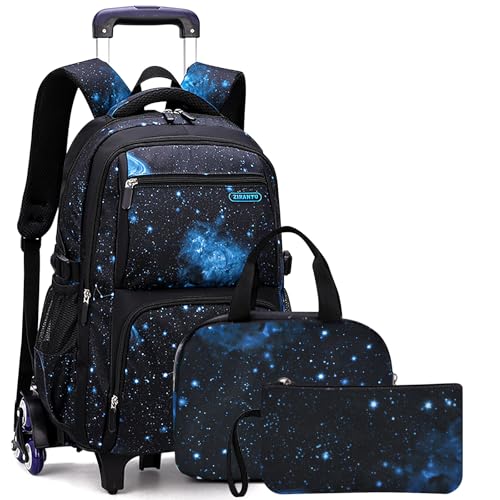 3pcs Schulrucksack Trolley Jungen Schulranzen mit Rollen Kinder Wanderrucksack Schultasche Kinder Koffer Rucksack mit Rollen Mädchen Teens Galaxy Dunkelblau 30x23x46cm