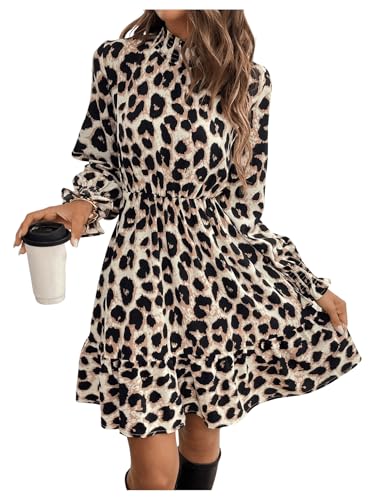 SweatyRocks Blusenkleid Damen Langarm Elegant Kleid Mit Rüschen Leoparden Kleid Midi Langarmkleid Herbst A Linien Kleid Leo S
