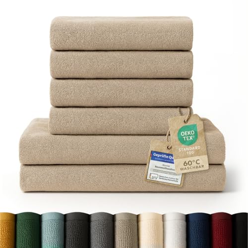Blumtal Premium Frottier Handtücher Set 4 teilig 100% Baumwolle - Oeko-TEX zertifiziertes Badetuch 2X (70x140 cm) + Towel 4X (50x100 cm) - saugstarkes Frottiertücher Set - Handtücher Beige/Taupe