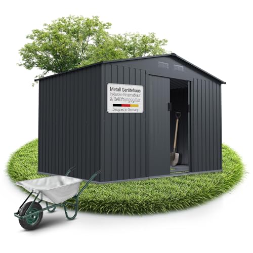 Juskys Metall Geräteschuppen XL – Dunkelgrau, wetterfest mit Fundamentrahmen, Schiebetür & abschließbar - für Garten & Aufbewahrung