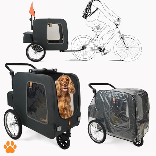 MY DUQUE – Chase 3-in-1 Hundefahrradanhänger bis 30 kg | Faltbarer Hundebuggy für Fahrräder | Inklusive Regenschutz und Anhängerkupplung | Hundewagen für Hundetransport | Schwarz