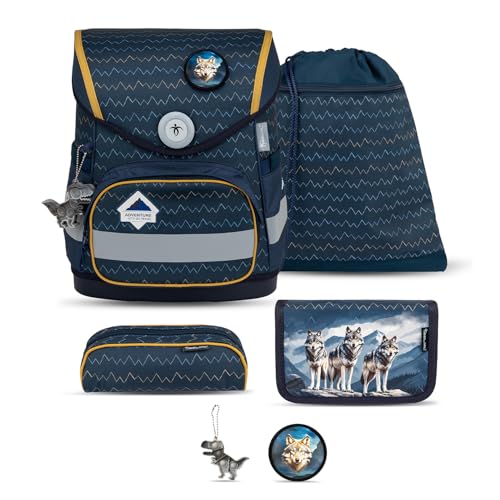 Belmil Compact mit Patches Schulranzen Set 5-teilig mit Brustgurt (405-41/AG/B/S) (Wolves)