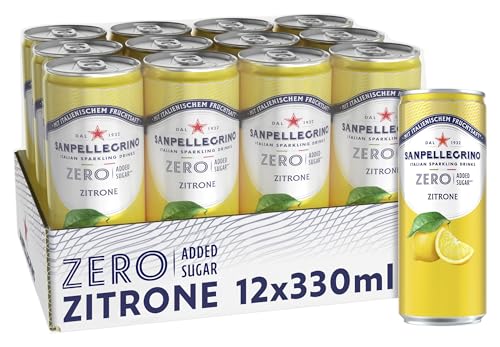 San Pellegrino Zitrone Zero Added Sugar, Zitronen-Limonade mit 10% Fruchtsaft, ohne Zuckerzusatz, 12er Pack (12 x 330ml) Einweg-Dosen
