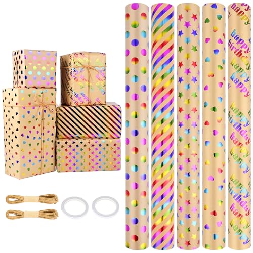 GuKKK Geburtstagsgeschenkpapier, 5 Rollen 43cm X 3m Kraft Geschenkpapier, Geschenkpapier Geburtstage Rolle Geschenkpapierrollen, mit Happy Birthday-Punkten und -Stern, Recycelbares für Geschenkkisten