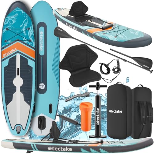 tectake® SUP, Stand Up Paddle Board, Standup aufblasbar, SUB mit Pumpe, Kajak Boot Sitz, Finnen, Rucksack, Doppelpaddel, Paddel, für Wassersport und Paddling, bis 200 kg belastbar - türkis/orange