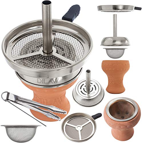 DILAW® Shisha Kaminkopf Set Tabaksieb Kohlezange Kaminaufsatz Tonkopf Tabak Kopf Kaminkopf Set Silber