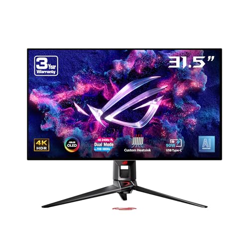 ASUS ROG Swift OLED PG32UCDP - 32 Zoll 4K UHD Gaming Monitor - 240-480 Hz, 0.03ms GtG, G-Sync, FreeSync, AdaptiveSync, 10-bit, DisplayHDR 400 TB - 16:9, 3840x2160, DP 1.4, HDMI, 90W USB-C, USB-Hub