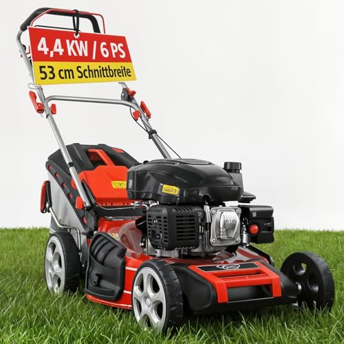 HECHT 5-IN-1 Benzin Rasenmäher – leistungsstarker 4 Takt Eco Motor 4,4 kW (6,0 PS) – Seilzug Starter – mit 53 cm Schnittbreite – 75 l Fangkorb – Radantrieb – patentierte Räder – EasyClean – Mulchmäher