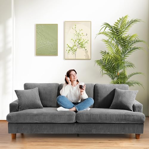 Domusensus 3 Sitzer Sofa Big, 221CM Cord Sofa Wohnzimmer Werkzeugfreie Montage, Schlafzimmer Sofas 53CM Extra Tiefe Sitze, Bequemes Couch mit 2 Kissen, Modernes Couch fürs Büro, Big Sofa Couch Grau