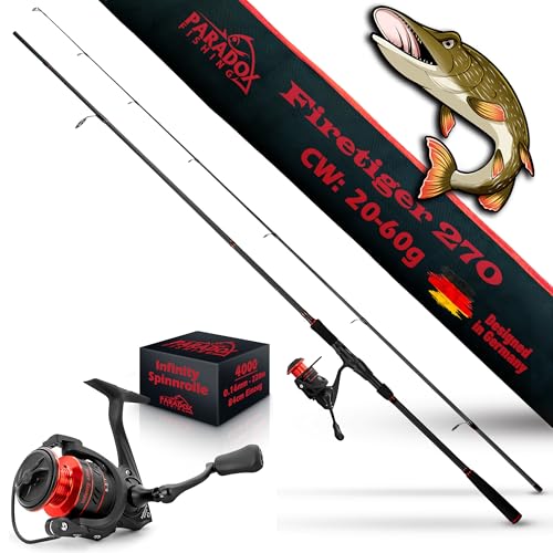 Paradox Fishing Firetiger Spinnrute mit Rolle I 2,7m 20-60g mit 4000 Rolle I Spinnruten perfekt für Hecht Rute - Angelrute Hecht Hechtrute