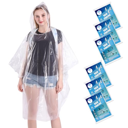 TUNCHMO 6 Stück Durchsichtig Regenponchos für Damen Herren - Wasserdichter Regenschutz, 50% Extra dicke Regencape mit Kapuze,Leichtgewichtiger Transparenter
