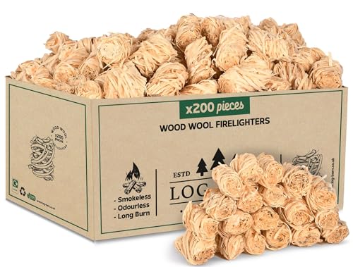 Log Barn Natürliche Anzündwolle - 200 Stück, Öko Anzünder Holzwolle für Holzöfen, Pizzaöfen, offene Feuer, Kaminanzünder und Grillanzünder - Echtes Log Barn Anfeuerholz (200 PC)