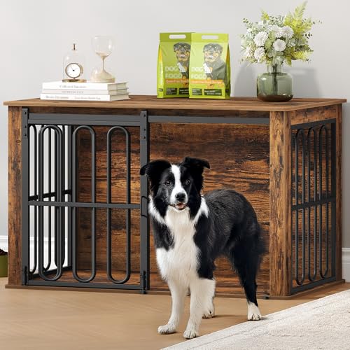 HEXCELEN Hundekäfig-Möbel aus Holz, 100 cm Hundebox für Zuhause, Hundekäfig mit 2 Türen, Schiebetüren, für Kleine, Mittlere Hunde, Robuster, Beistelltisch, 100 x 60 x 62,4 cm, Braun