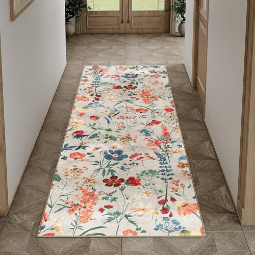 HUGEAR Beige Waschbarer Läufer Teppich Flur 60x180cm Blumenmuster Bettvorleger Blumen Boho Modern Küchen Wohnzimmer Schlafzimmer Teppiche rutschfest Kurzflor Weich Flurläufer Teppichläufer