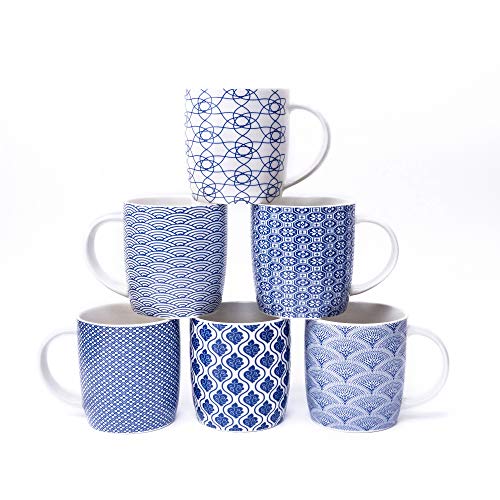 6er Set Kaffeebecher mit schwarz-weißem geometrischen Muster, Keramik Teetassen-Set 6er Pack (schwarze Tasse-Set) (Blau)