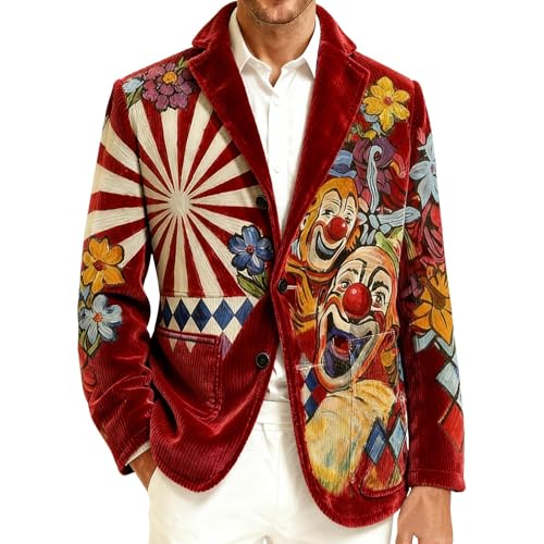 Herren Cord Sakko Bunt Bedruckt Farbverlauf - Karneval Kostüm Jacke mit Städtemotiv - Cordjacke Modern Freizeit Blazer für Fasching Party Festival Straßenkarneval