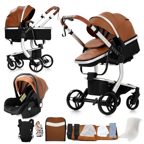 Veitoalioy PU-Leder Kinderwagen 3 in 1, Bequemer Multifunktionaler Kombikinderwagen 3 in 1 Komplettset, Aluminium Hohe Landschaft Babywagen, Faltbarer Kinderwagen Set (518 Khaki)