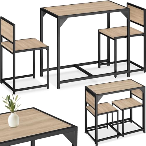 tectake Sitzgruppe 3-teilig im Industrie-Design, Essgruppe für 2 Personen aus Holz + Metall, Esszimmer Set mit Esstisch und 2 Stühlen, schwarzes Metallgestell (Industrial Holz hell, Eiche Sonoma)