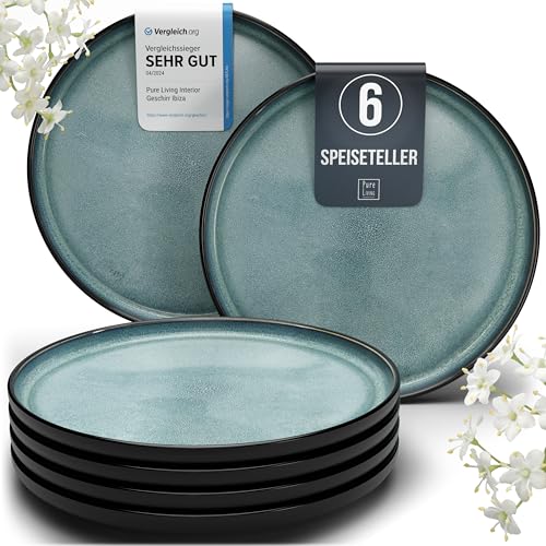 Steingut Teller Groß 6 Personen Ibiza TESTSIEGER, Traumhaftes Mediterranes Steingut Speiseteller Set, Stylisches Essteller Set, Pure Living in Petrol