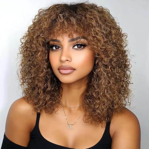 FASHION IDOL Bob Curly Echthaar-Perücken mit Pony Jerry Curl Bob Perücken Echthaar brasilianische Virgin Echthaar keine Lace Front Perücken für Frauen (35CM, Braun&Gold)