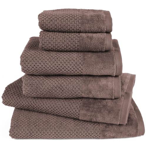 Pure Label 6-TLG. Handtücher Set mit Aufhängeschlaufen aus 100% Baumwolle, saugstark und weich - 2X Badetuch (70x140 cm) 2X Handtuch (50x100cm) 2X Gästetuch (30x50 cm) - Dunkelbraun