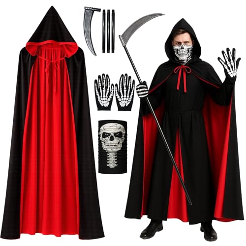 DvBCNMe Halloween Kostüm Herren, Sensenmann Kostüm Set mit Umhang, Sense, Maske und Handschuhen, Gruseliges Kostüm für Erwachsene, Halloween Party, Karneval, Cosplay